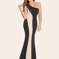 Black And Nude One Shoulder Maxi Dress