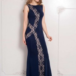 Lace Panel Ruffle Dark Blue Maxi Dress