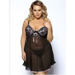 Black Sheer Lace Plus Size Babydoll With Pink Ribbon