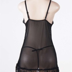 Black Transparent Embroidered Lace Plus Size Babydoll