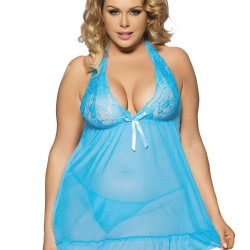 Blue Halter Plus Size Babydoll With G-String