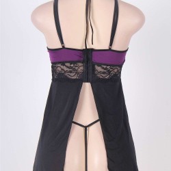 Purple Microfiber Lace Stitching Halter Babydoll Purple Microfiber Lace Stitching Halter Babydoll