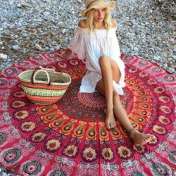 Peacock Print Red Boho Beach Blanket 