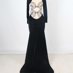Plus Size Black Long Sleeve Pattern Back Sheer Prom Dress