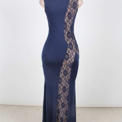Plus Size Lace Panel Ruffle Dark Blue Maxi Dress