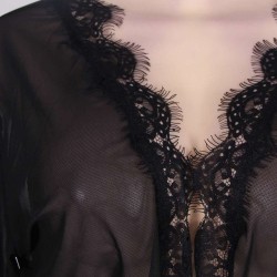 Plus Size Black Lace Trim Robe With Thong