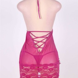 Rosy Plus Size Croch Back Lace Mesh Halter Babydoll Rosy Plus Size Croch Back Lace Mesh Halter Babydoll