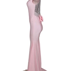 Plus Size Pink Open Back Golden Strap Ruffle Evening Dress