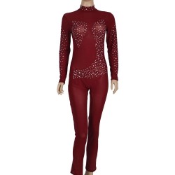 Plain Rhinestone Zipper See-Through Bodycon Jumpsuit