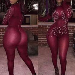 Plain Rhinestone Zipper See-Through Bodycon Jumpsuit