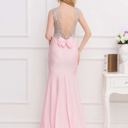 Plus Size Pink Open Back Golden Strap Ruffle Evening Dress