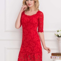 Plus Size Red Short Sleeve Round Neck Lace Bodycon Dress