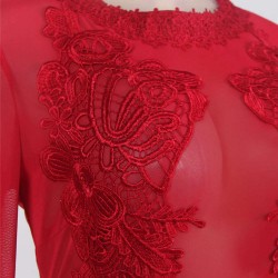 Mesh Red Lace Applique Velvet Maxi Dress