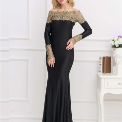Boat Neck Khaki Lace Evening Gown