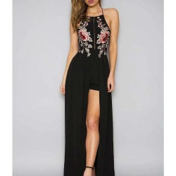 Black Elegant Embroidery Backless Long Dress