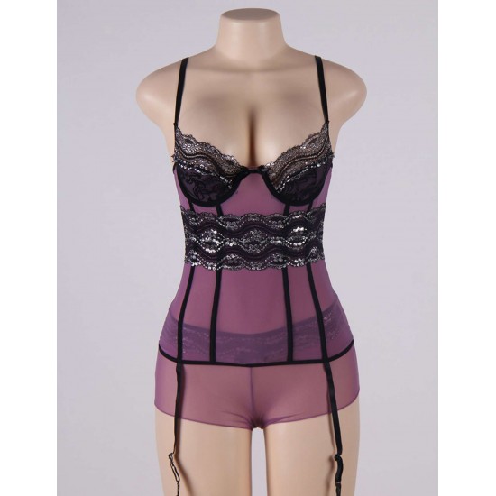 Purple Mesh And Metallic Lace Plus Size Babydoll Purple Mesh And Metallic Lace Plus Size Babydoll