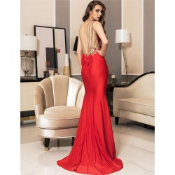 Red Backless Formal Evening Dress With Golden Strap Red Backless Formal Evening Dress With Golden Strap
