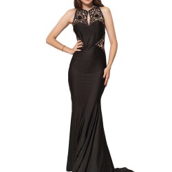 Plus Size Embroidery High Neck Keyhole Backless Black Party Gown