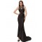 Plus Size Embroidery High Neck Keyhole Backless Black Party Gown