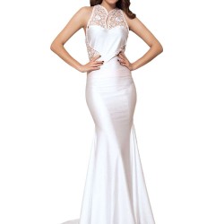 Plus Size Embroidery Sleeveless High Neck Backless White Party Gown
