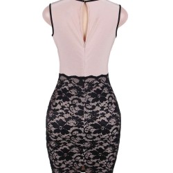 Plus Size Fashion Black Floral Lace Stitching Boat Neck Dress