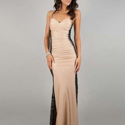 Nude Ruffle Long Strapless Prom Dresses