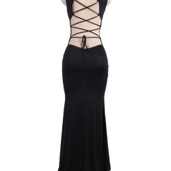 Plus Size Black Simple Straps Backless Slit Party Gown