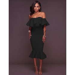 Plus Size Ruffle Off-Shoulder Midi Black Bodycon Dress Plus Size Ruffle Off-Shoulder Midi Black Bodycon Dress