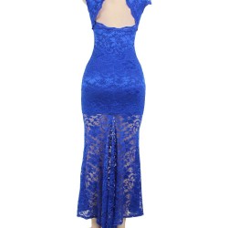 Plus Size Blue Lace Backless Party Gown