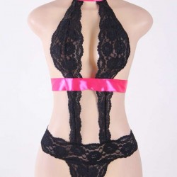 Scalloped Lace Halter Teddy With Pink Satin Ribbon