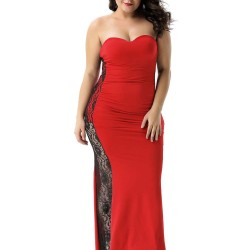 Plus Size Long Strapless Ruffle Floral Red Prom Dresses
