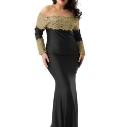Plus Size Boat Neck Khaki Lace Evening Gown