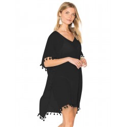 Black Pom Pom Tassel Hem Gauze Cover up Black Pom Pom Tassel Hem Gauze Cover up