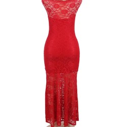 Red Lace Elegant Fishtail Maxi Party Gown