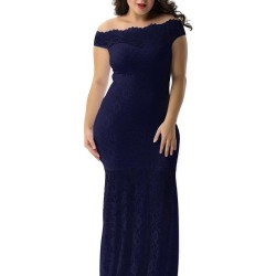 Plus Size Dark Blue Lace Elegant Party Gown