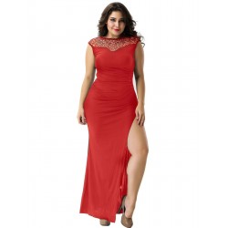 Plus Size Elegant Red Side Lace Detail Ruched Dress Plus Size Elegant Red Side Lace Detail Ruched Dress