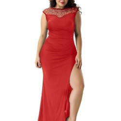 Plus Size Elegant Red Side Lace Detail Ruched Dress