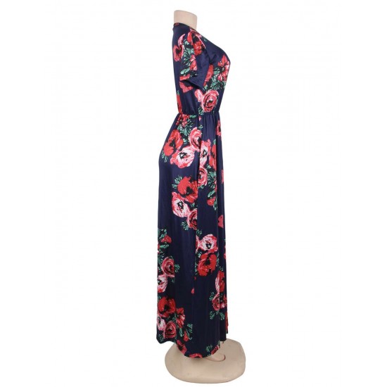 Plus Size Pocket Design Short Sleeve Navy Blue Floral Maxi Dress Plus Size Pocket Design Short Sleeve Navy Blue Floral Maxi Dress