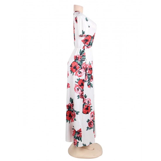 Plus Size Pocket Design Short Sleeve White Floral Maxi Dress Plus Size Pocket Design Short Sleeve White Floral Maxi Dress