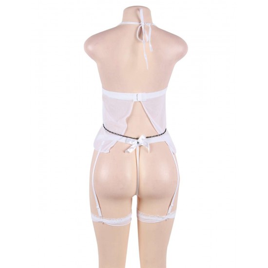 White Sheer Mesh Babydoll Lingerie Garter Set White Sheer Mesh Babydoll Lingerie Garter Set