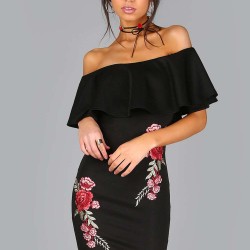 Black Ruffle Off-Shoulder Embroidery Bodycon Dress
