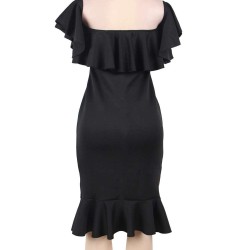 Ruffle Off-Shoulder Midi Black Bodycon Dress