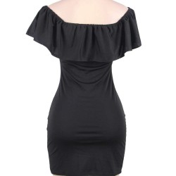 Black Ruffle Off-Shoulder Embroidery Bodycon Dress