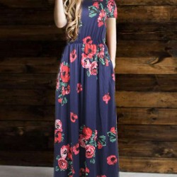 Plus Size Pocket Design Short Sleeve Navy Blue Floral Maxi Dress