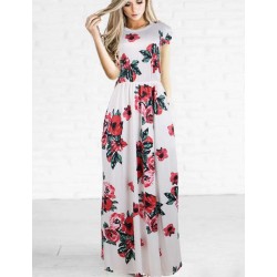 Plus Size Pocket Design Short Sleeve White Floral Maxi Dress