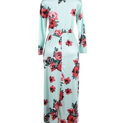 Plus Size Pocket Design Long Sleeve Green Floral Maxi Dress