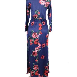 Plus Size Pocket Design Long Sleeve Dark Blue Floral Maxi Dress