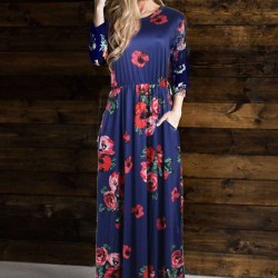 Plus Size Pocket Design Long Sleeve Dark Blue Floral Maxi Dress