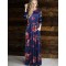 Plus Size Pocket Design Long Sleeve Dark Blue Floral Maxi Dress