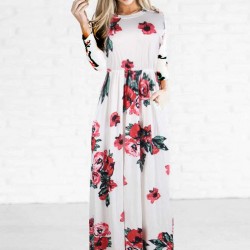 Pocket Design White Floral Long Sleeve Maxi Dress